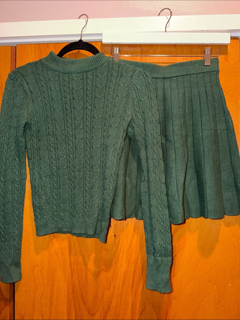 Green Cable-Knit Mock Neck Sweater and Skirt